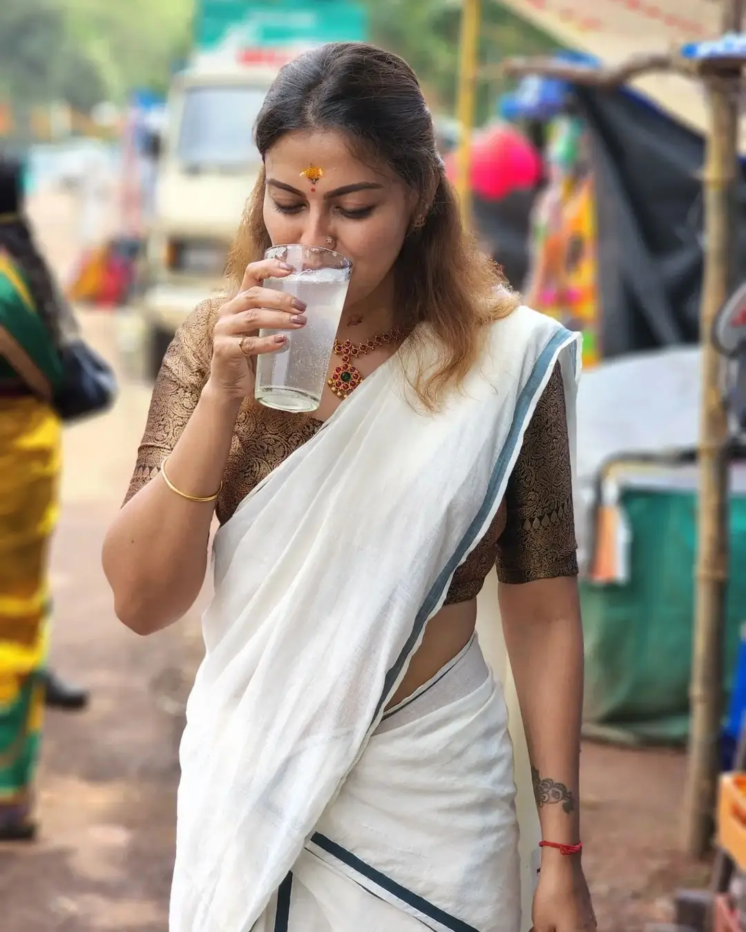 Malayalam Actress Anusree Nair in White Saree Black Blouse